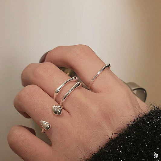 Korean Version of S925 Sterling Silver Niche Design Irregular Simple Plain Ring Female Stacking Wearing Hipster Ring Cold Wind