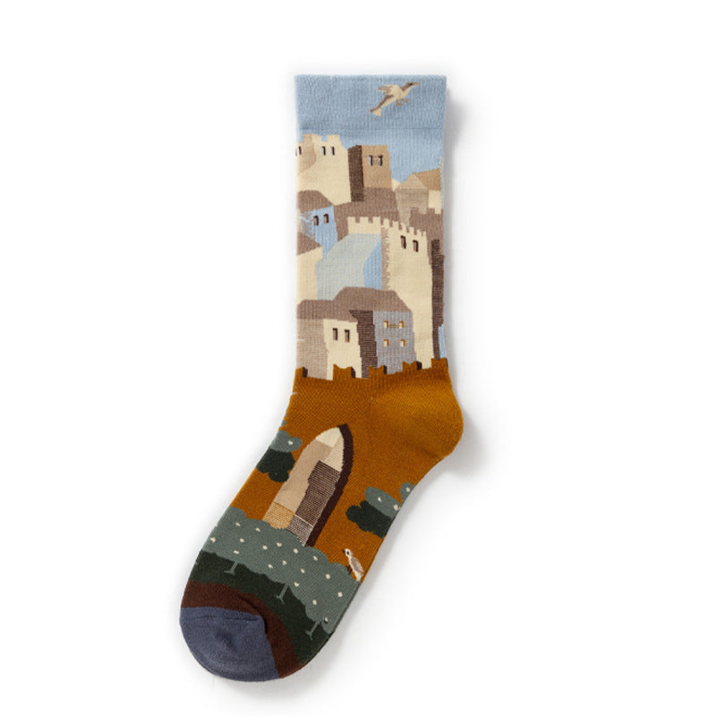 Oil Painting Socks Women's French Retro Ins Tide Autumn and Winter Abstract Tall Tube Creative Combed Cotton Women's Medium Tube Socks