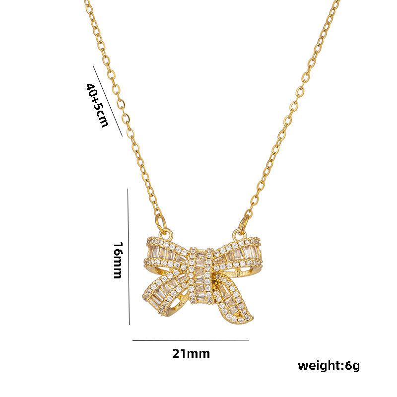 Bow Necklace Female, Titanium Steel Crystal New Female Light Luxury Niche Ins Cold Wind Collarbone Chain Does Not Fade