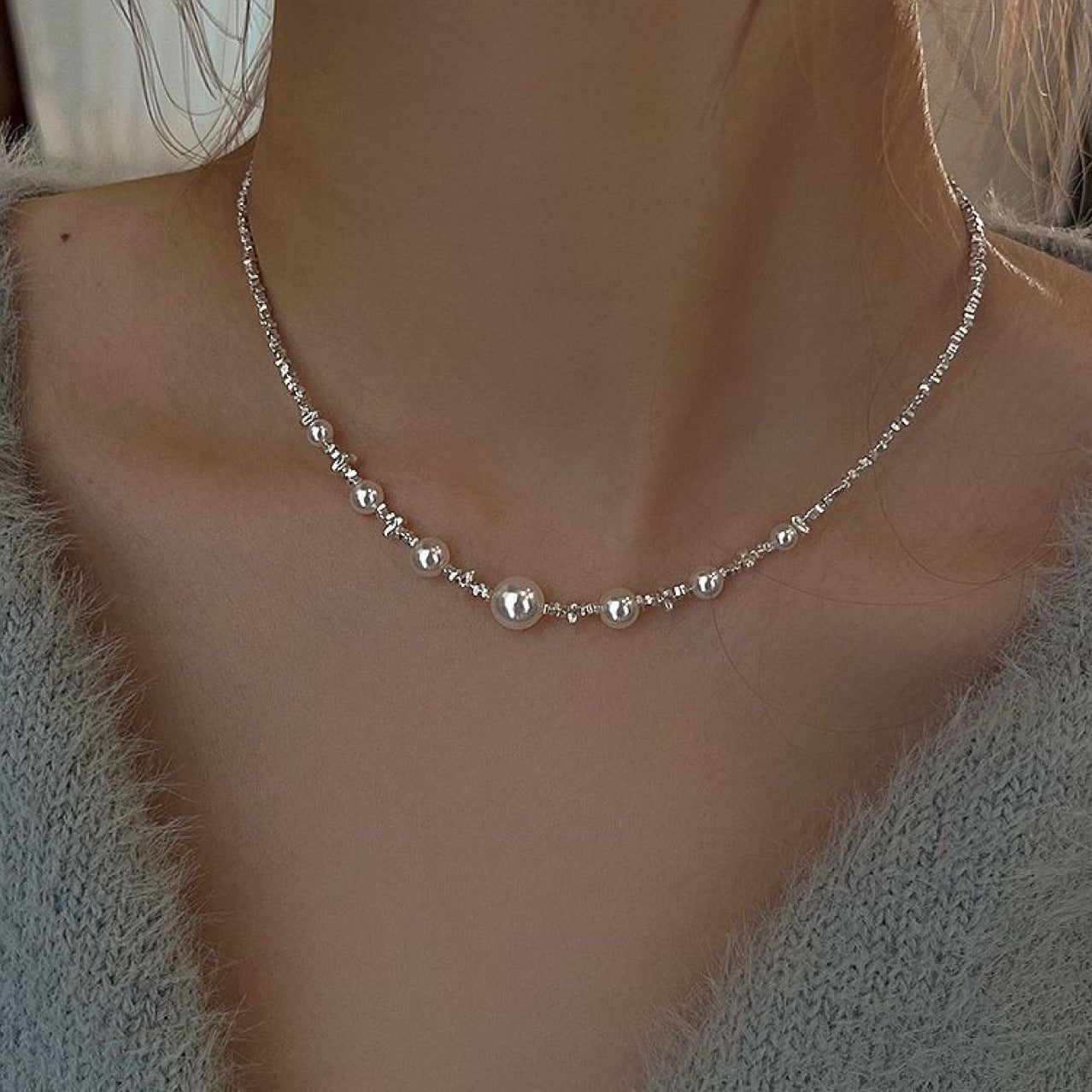 Pearl Necklace Women's Premium Broken Silver Collarbone Chain Ins Niche Design Birthday Gift for Girlfriend Silver Plating