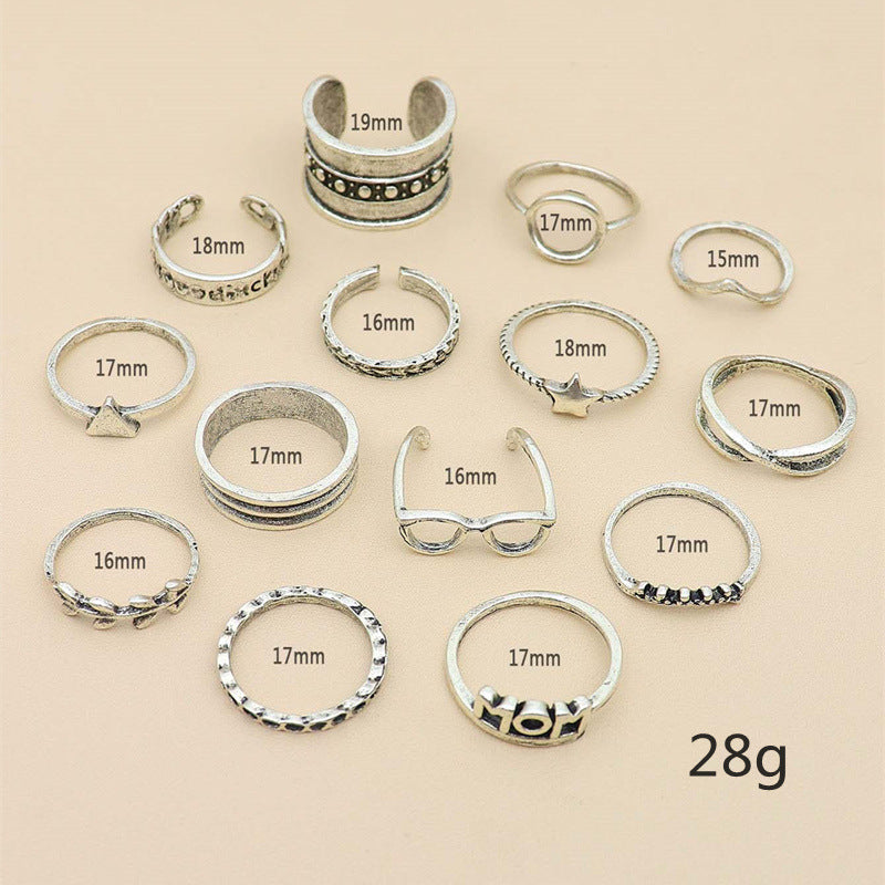 European and American Fashion Women's Personalized Glasses Star MOM Leaf Cross Silver 14-piece Set Joint Ring Set