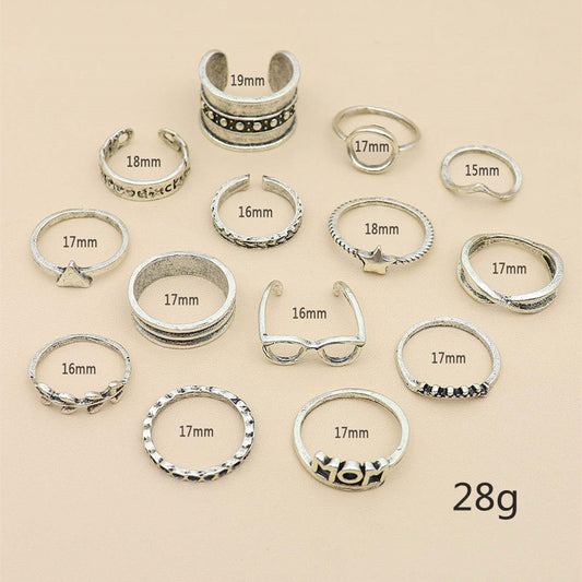 European and American Fashion Women's Personalized Glasses Star MOM Leaf Cross Silver 14-piece Set Joint Ring Set