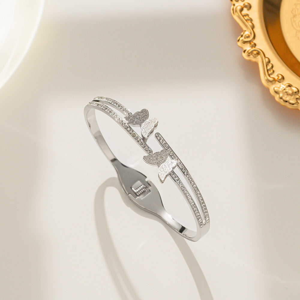 Simple Line Double Butterfly Titanium Steel Bracelet Internet Celebrity Explosion Jewelry Wholesale, Fashion Light Luxury Full Diamond Bracelet Women