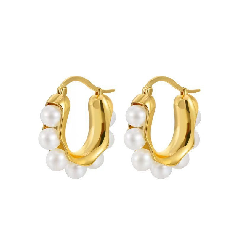European and American Retro Fashion Versatile Titanium Steel Geometric Pearl Earrings