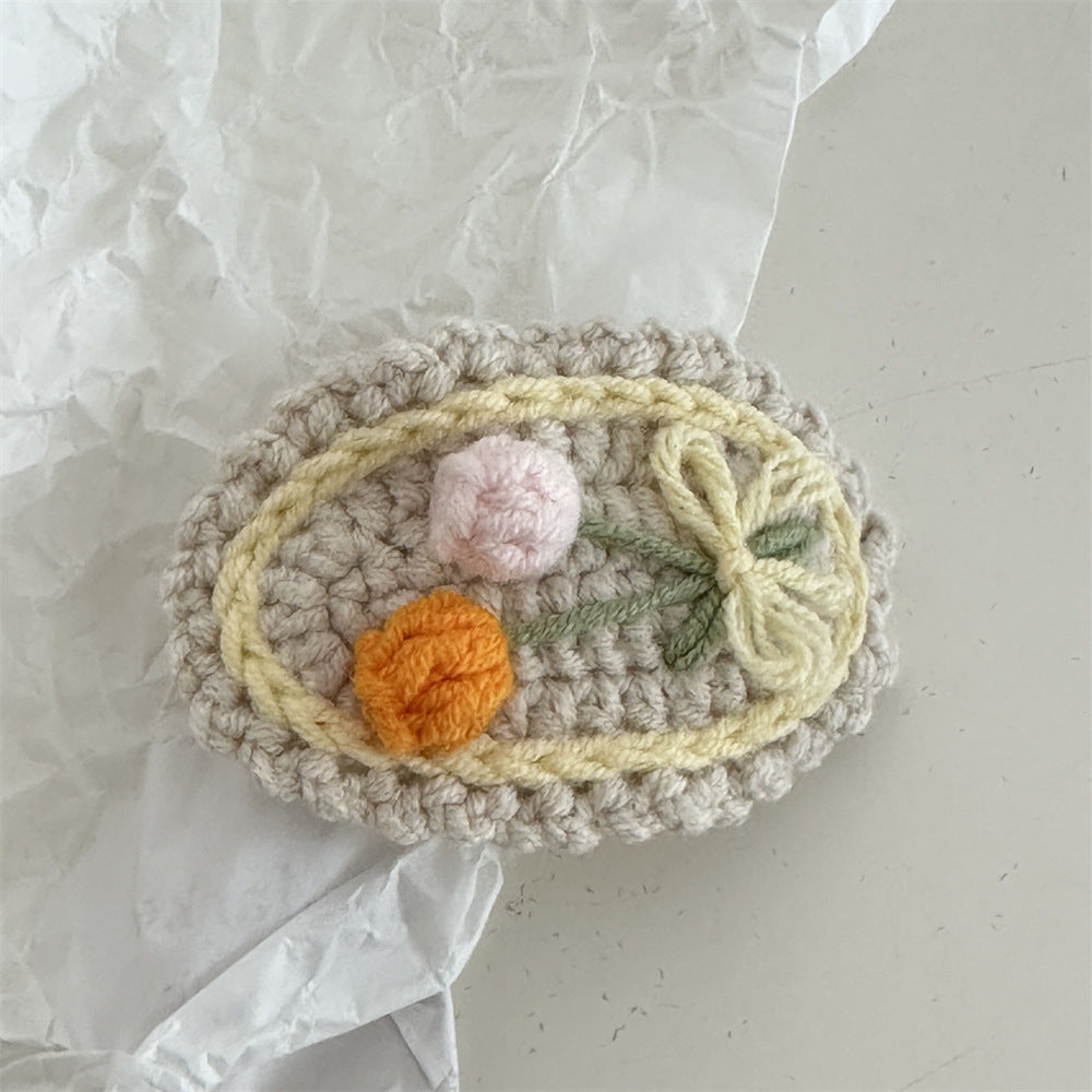 Crochet Handmade Wool Embroidery Fresh and Cute Sweet Colored Flower Hairpin Side Bangs BB Clip Hair Accessories