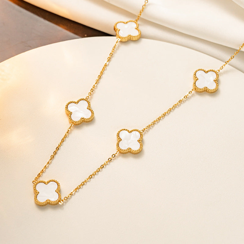 Titanium Steel Four-leaf Clover Five-flower Double-sided Fritillary Necklace 18K Real Gold Electroplating Non-fading Light Luxury High-sense Collarbone Chain