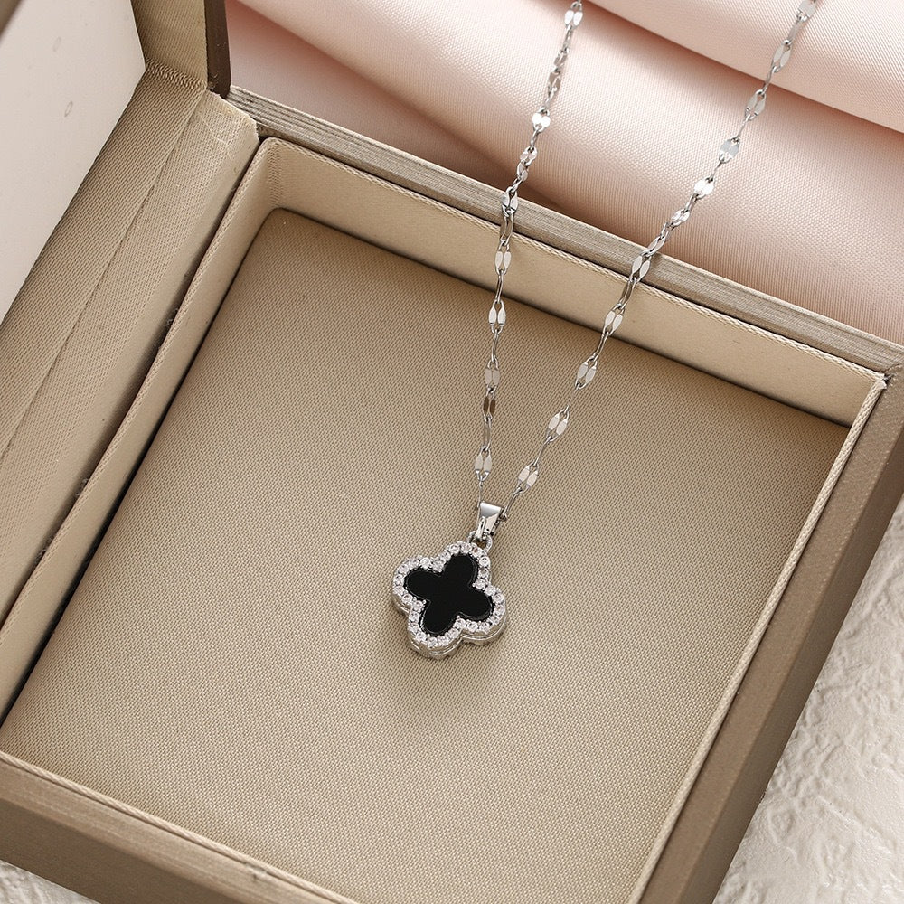 Gold Luxury Full Diamond Four-leaf Clover Necklace Women's Black and White Double-sided Design Sense Internet Celebrity Collarbone Chain 18k Gold-plated Neck Chain
