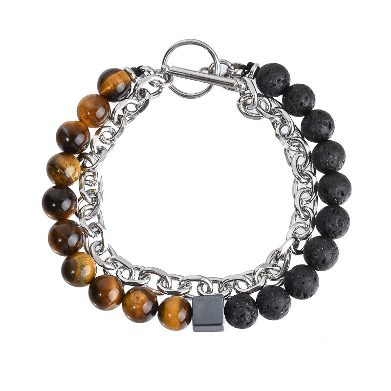 Stainless Steel Chain Copper Beads European and American Men's Bracelet Agate Crystal Tiger's Eye Beaded Jewelry Factory