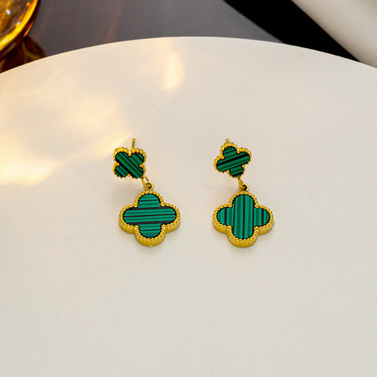 Lucky four-leaf flower fringed stud earrings Internet celebrity explosion versatile earrings exquisite Fan family temperament high-end earrings - NiceOceanJewelry
