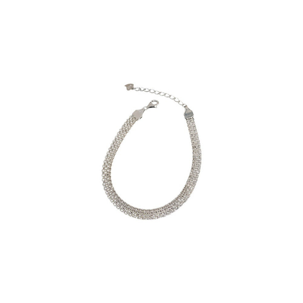 Korean Version S925 Silver Fashion Rice Grain Bracelet Women's High-end Retro Stacked Cross Chain Wide Edge Versatile Bracelet Jewelry