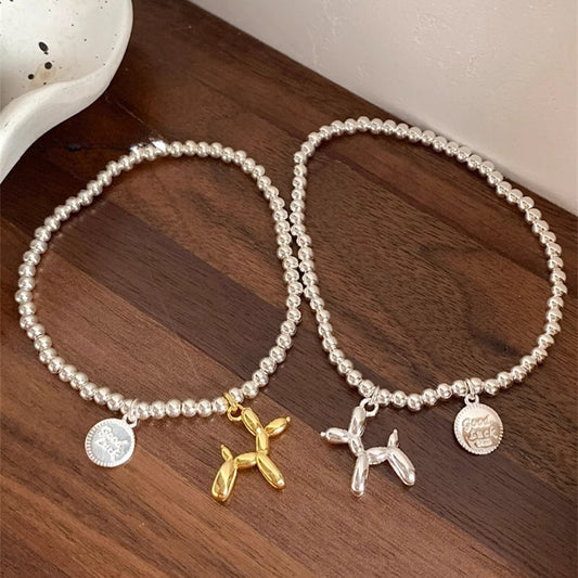 Korean Version of Cute Balloon Dog S925 Sterling Silver Bracelet Women's Gold and Silver Contrasting Color Lucky Round Brand Elastic Bracelet Bracelet Bracelet Jewelry