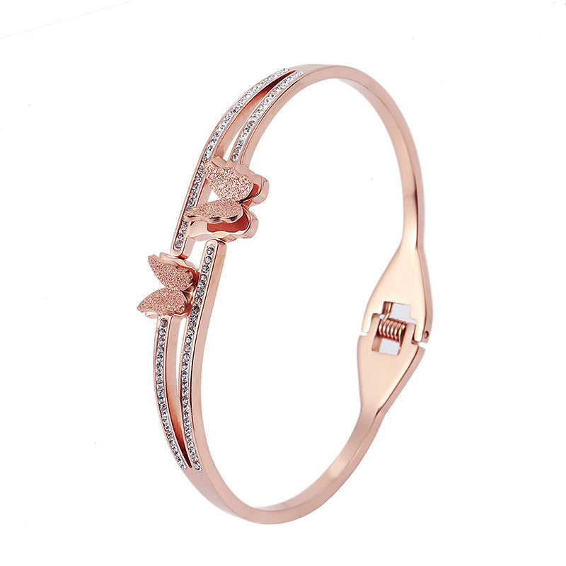 Simple Line Double Butterfly Titanium Steel Bracelet Internet Celebrity Explosion Jewelry Wholesale, Fashion Light Luxury Full Diamond Bracelet Women