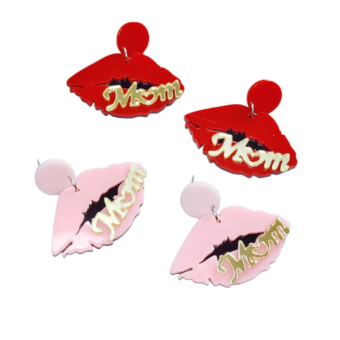 European and American Pink Lip Acrylic Earrings Women's High-end Personalized Earrings English MOM Mother's Day Earrings