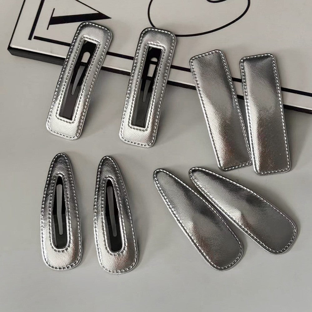 Punk Style Silver Leather Hairpin Female Metal Feeling Water Drop Bangs Clip Simple Imitation Leather BB Clip Hairpin Hairpin Hair Clip Hair Accessories