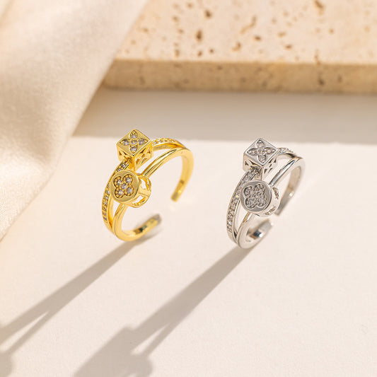 South Korea Dongdaemun Double-layer Micro-inlaid Zircon Ring Simple Female Fashion Personality Cold Wind Open Ring Female