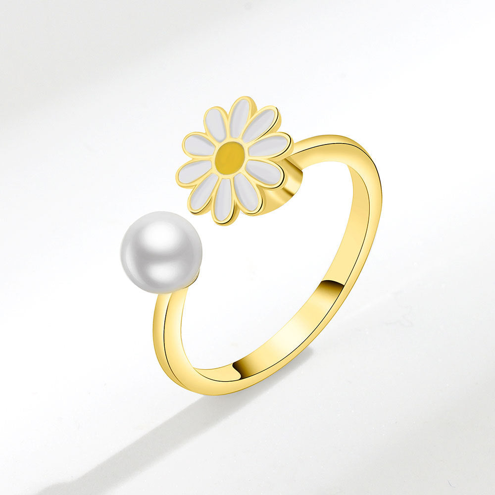 Popular Small Daisy Rotating Ring Female Design Sense Small Daisy Flower Pearl Ring Creative Dripping Jewelry Female