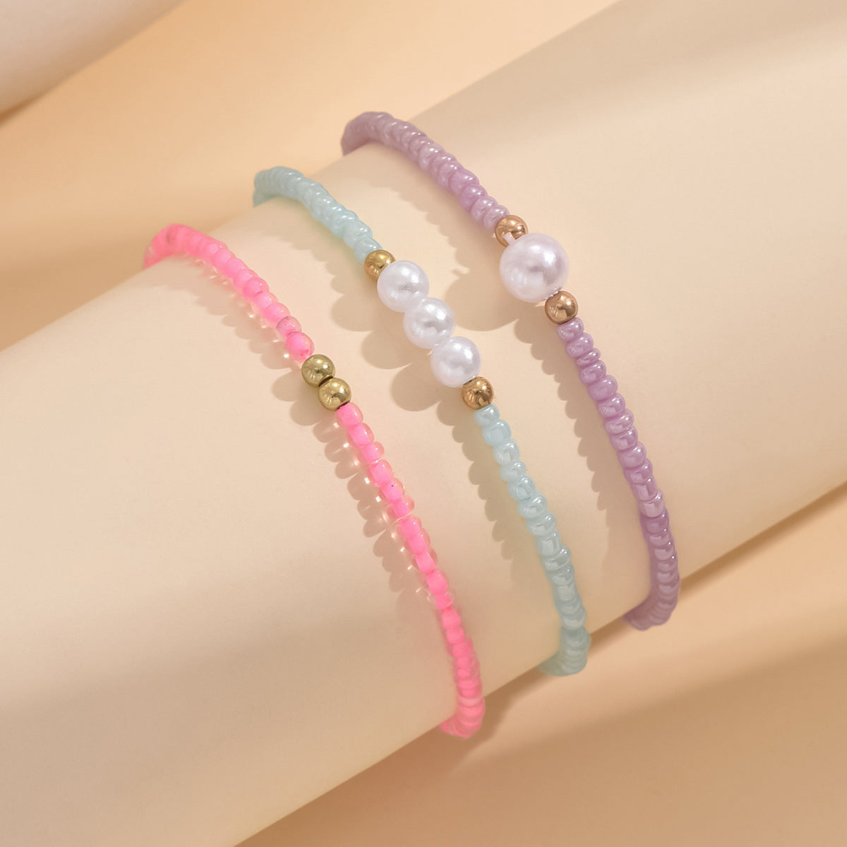 European and American Jewelry Summer Pearl Rice Bead Anklet Simple Creative Bracelet Multi-purpose Beach Trend Three-piece Set