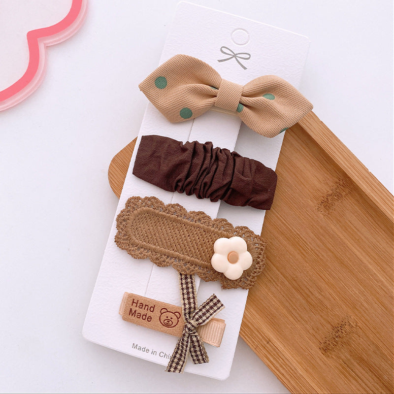 4 Milk Coffee Color Versatile Fabric Children's Break Clip Bow Girl Heart Hairpin Edge Clip Korean Sweet Hairpin