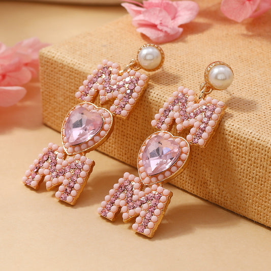 European and American Fashion Light Luxury Style Alloy Diamond MOM Love Letter Earrings Fashion Light Luxury Style Imitation Pearl Earrings Women