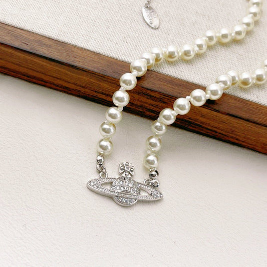 Korean Version of Fashion Niche Design Saturn Pearl Necklace Light Luxury Collarbone Chain Women's Summer High-end Temperament Neck Chain Accessories