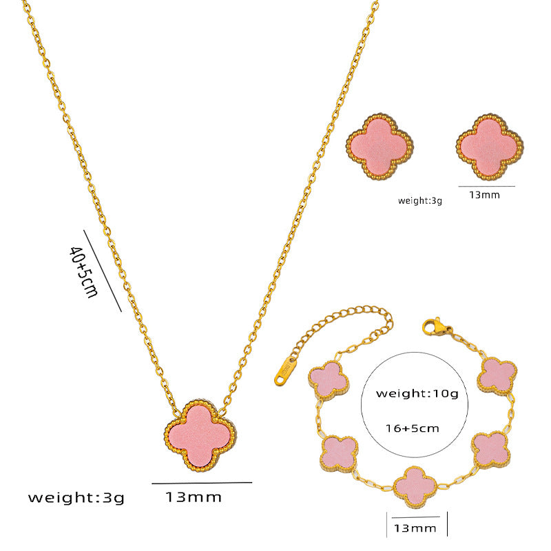 Four-leaf Clover Necklace 13MM Bracelet Stud Earrings Three-piece Set Versatile Lucky Four-leaf Clover Five-flower Bracelet Collarbone Chain Earrings