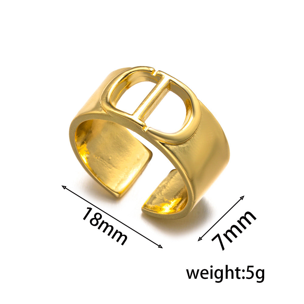 Wide Titanium Steel Ring C-shaped Opening Size Adjustable Letters Simple Fashion Light Luxury High Sense Design Europe and America