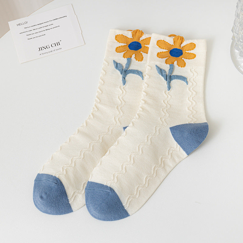 Socks Women's Pure Cotton Spring and Autumn Tube Three-dimensional Flower Cotton Socks Small Flower Japanese Trend Internet Celebrity Casual Women's Socks Wholesale
