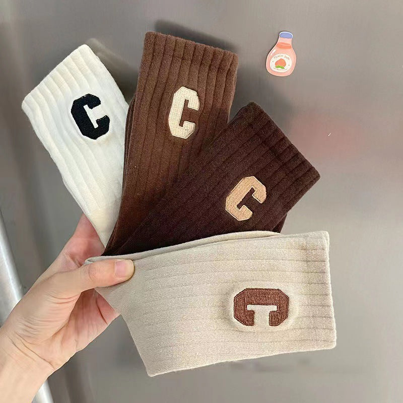 Korean Version of Socks Women's Medium Tube Vertical Pattern Thin Ins Versatile High Value Mori School Letters Spring and Autumn Trendy Socks Women
