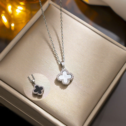 Gold Luxury Full Diamond Four-leaf Clover Necklace Women's Black and White Double-sided Design Sense Internet Celebrity Collarbone Chain 18k Gold-plated Neck Chain