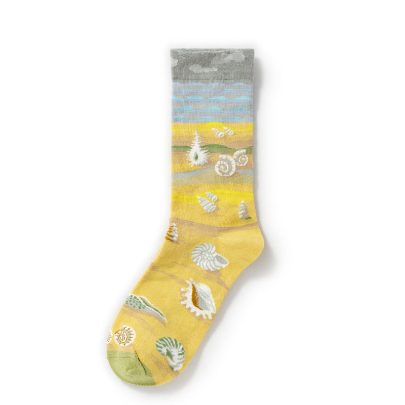 Oil Painting Socks Women's French Retro Ins Tide Autumn and Winter Abstract Tall Tube Creative Combed Cotton Women's Medium Tube Socks