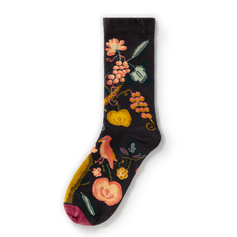 Oil Painting Socks Women's French Retro Ins Tide Autumn and Winter Abstract Tall Tube Creative Combed Cotton Women's Medium Tube Socks