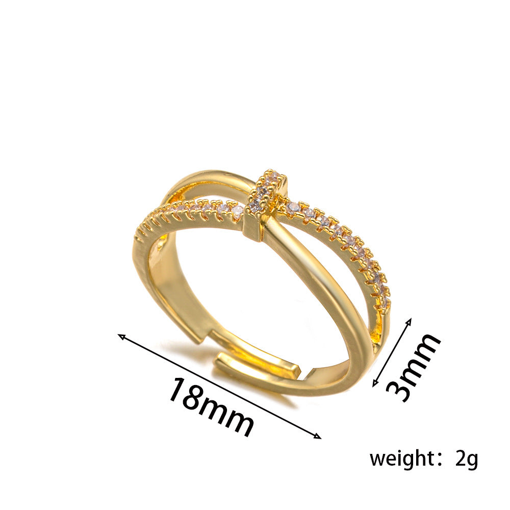New Micro-inlaid Diamond Cross-kink Ring Women's Light Luxury European and American Style Personalized Opening Niche Design Ring