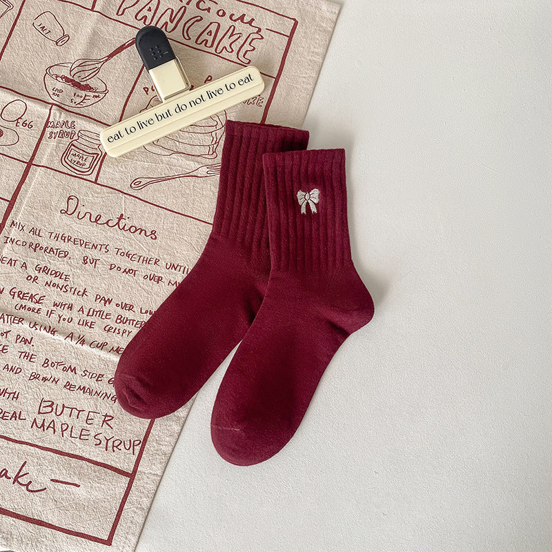 Ankola Red Socks Women's Medium Tube Socks Spring and Autumn Embroidery Bow Cotton Socks Versatile Striped Stockings Striped Women's Socks