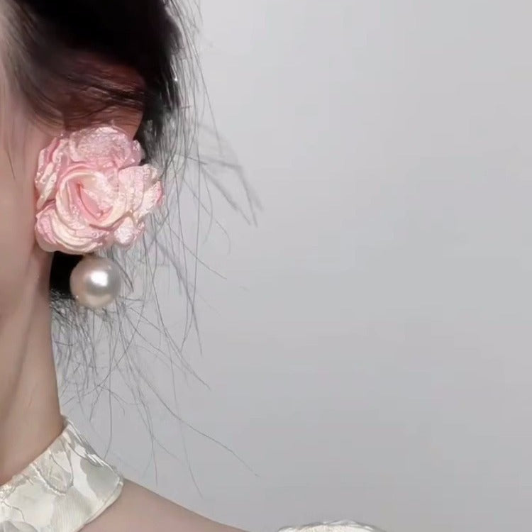 Pink Big Flower Earrings Female Mori Sweet Small Fresh Three-dimensional Chiffon Pearl Pendant Earrings Tide