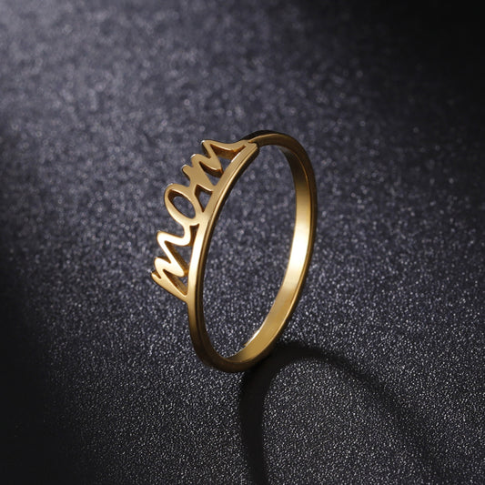 Mother's Day Gift 18k Real Gold Electroplating Non-fading Titanium Steel Cutting Letter MOM Stainless Steel Ring
