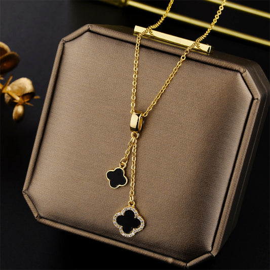 Korean Version of Fashionable and Simple Micro-inlaid Zircon Fringed Four-leaf Clover Pendant Titanium Steel Clavicle Chain Jewelry