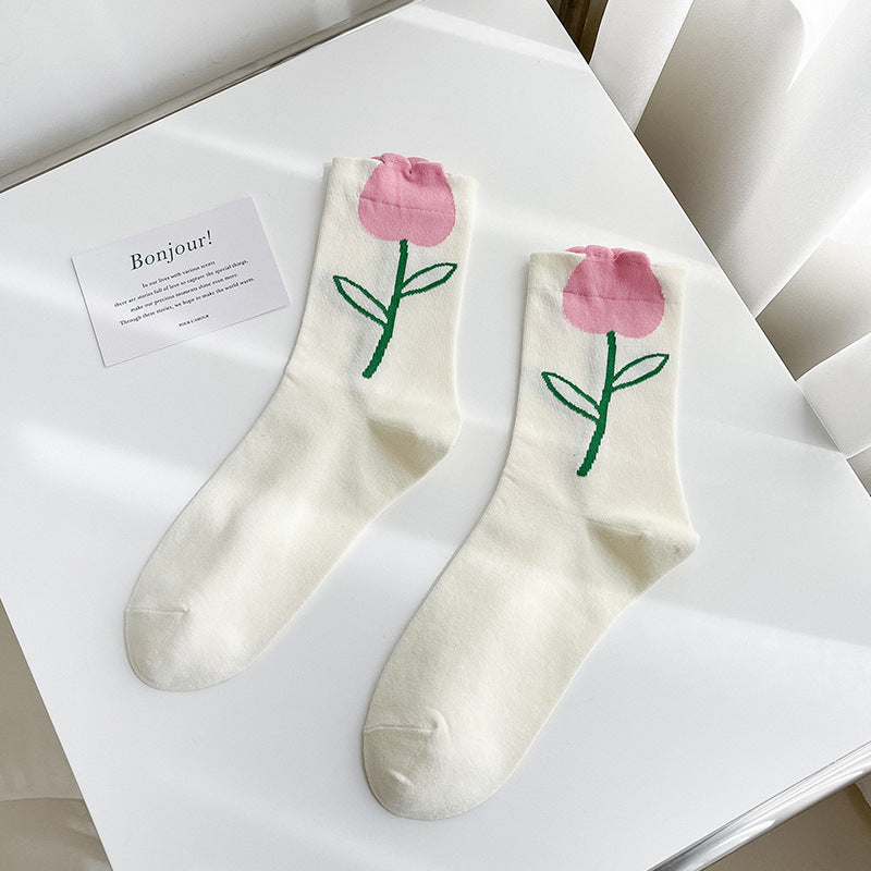 Socks Women's Pure Cotton Spring and Autumn Tube Three-dimensional Flower Cotton Socks Small Flower Japanese Trend Internet Celebrity Casual Women's Socks Wholesale