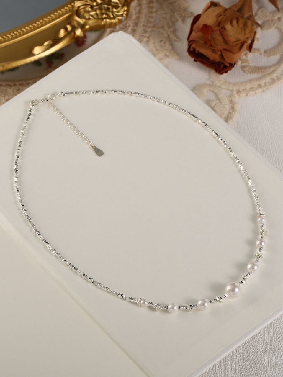 Pearl Necklace Women's Premium Broken Silver Collarbone Chain Ins Niche Design Birthday Gift for Girlfriend Silver Plating