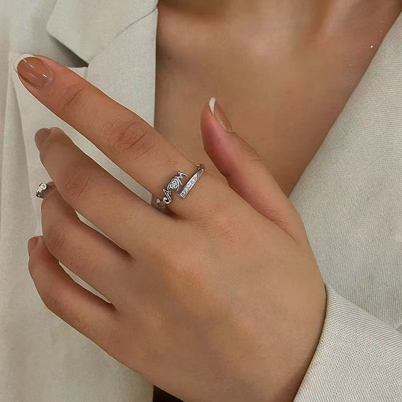 Hot-selling Mom Mother's Day Simple Diamond-encrusted Letter Ring Niche Exquisite Style Versatile Ring