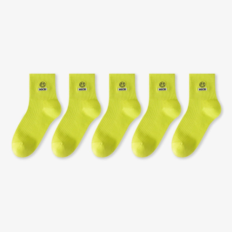 Smiley Sports Socks Sweat-absorbing Japanese Student Socks Spring, Autumn and Winter Medium Tube Socks Women's Wholesale