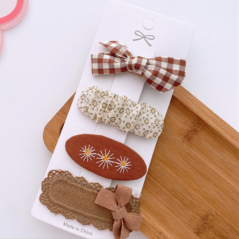 4 Milk Coffee Color Versatile Fabric Children's Break Clip Bow Girl Heart Hairpin Edge Clip Korean Sweet Hairpin