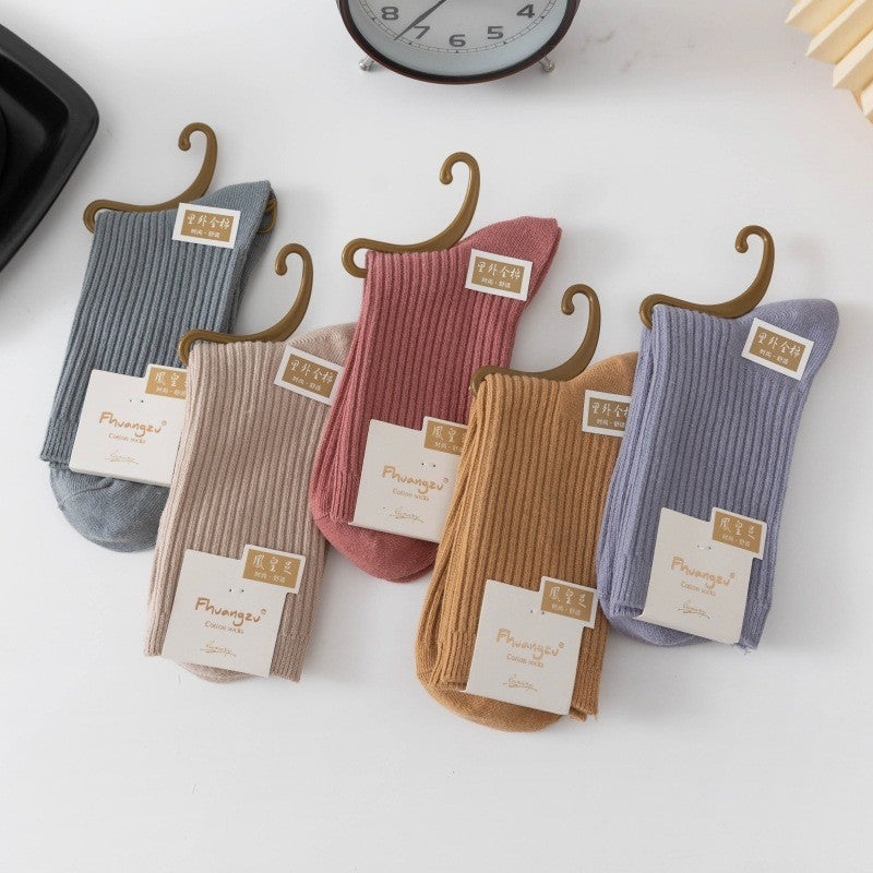 New Socks Women's Solid Color Double Needle Medium Tube Cotton Socks Spring and Autumn Thickened Warm Casual Stockings