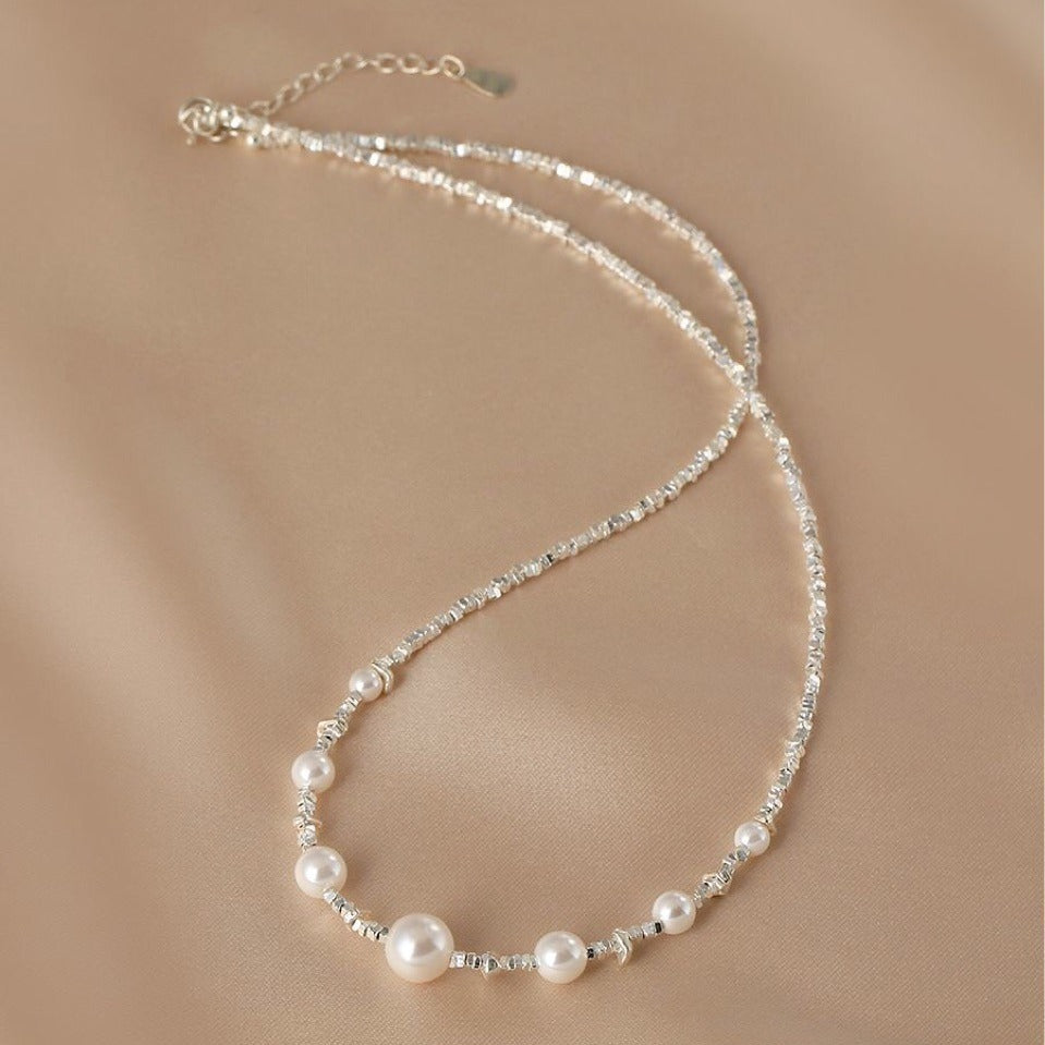 Pearl Necklace Women's Premium Broken Silver Collarbone Chain Ins Niche Design Birthday Gift for Girlfriend Silver Plating