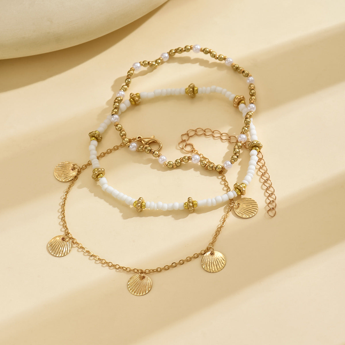 Hot-selling Jewelry Bohemian Alloy Shell Pendant Rice Bead Anklet Multi-layer Beach Foot Decoration Set