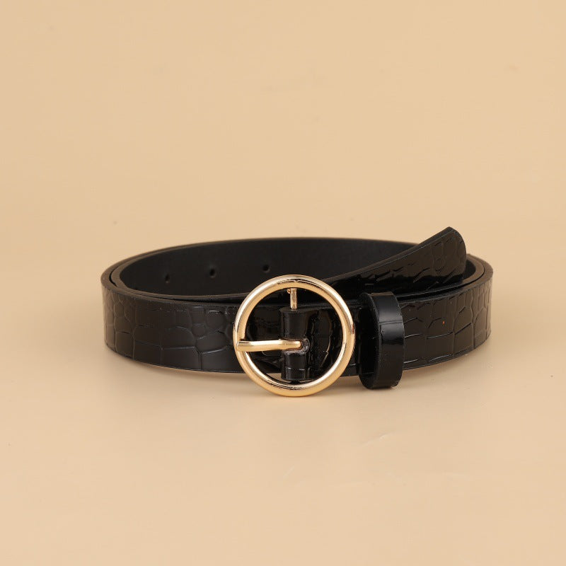 Korean Version of The New Crocodile Gold Pattern Round Buckle Belt Women's Decorative Pin Buckle Versatile Jeans Thin Belt Factory Direct Sales