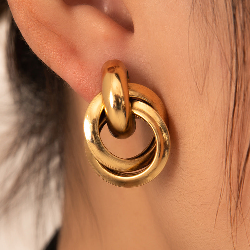 Exaggerated Titanium Steel Round Earrings Gold 18K Gold Light Luxury Earrings Fashion High Sense Love Earrings