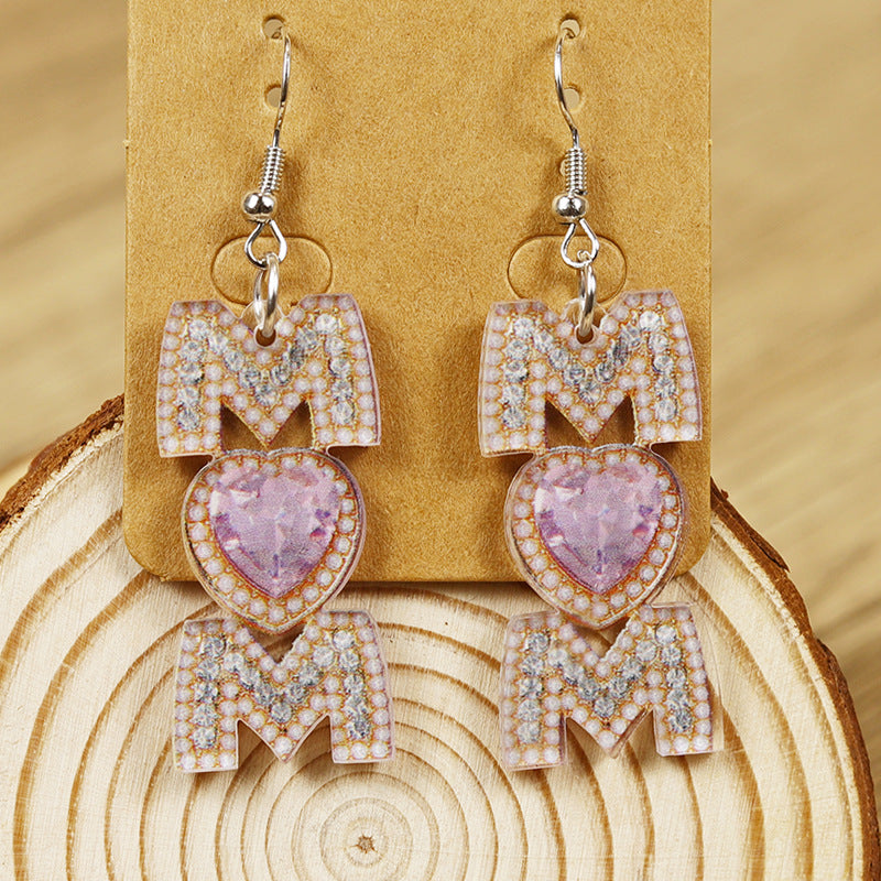 Mother's Day Letter Print MOM Heart-shaped Women's Acrylic Earrings, A Gift for Mom
