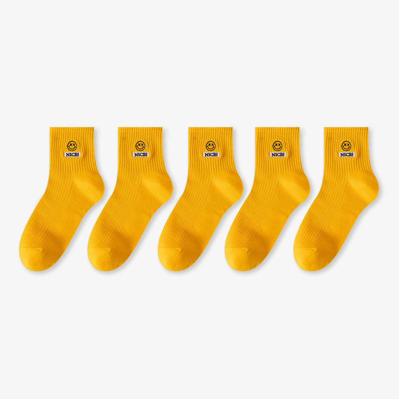 Smiley Sports Socks Sweat-absorbing Japanese Student Socks Spring, Autumn and Winter Medium Tube Socks Women's Wholesale