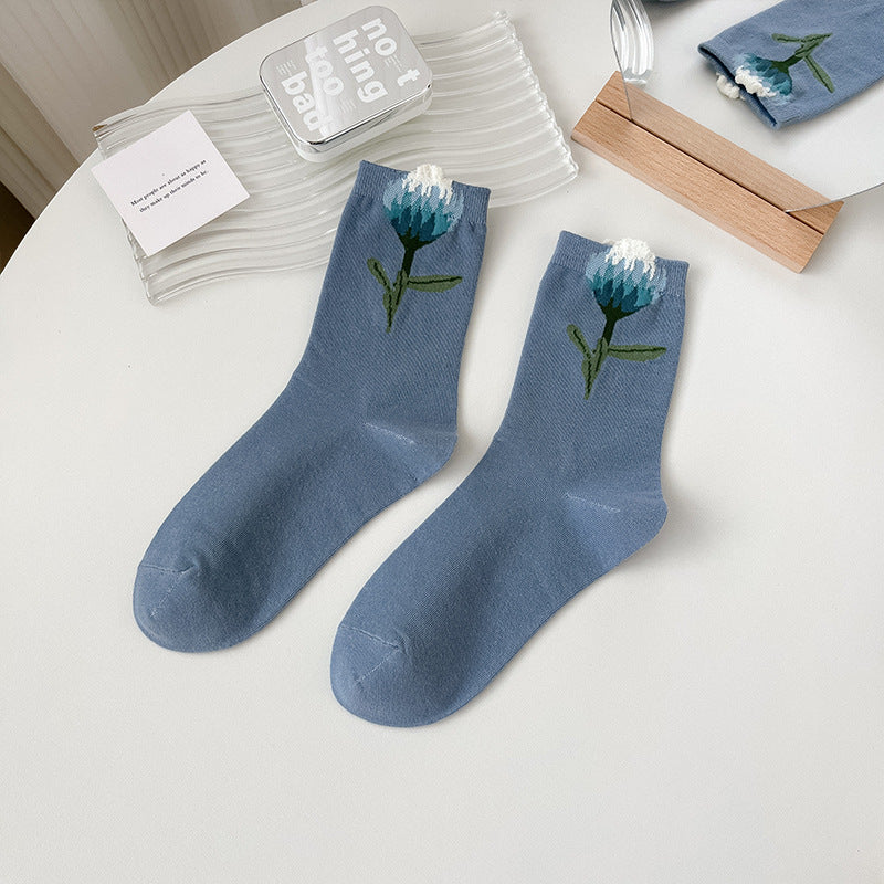 Socks Women's Pure Cotton Spring and Autumn Tube Three-dimensional Flower Cotton Socks Small Flower Japanese Trend Internet Celebrity Casual Women's Socks Wholesale