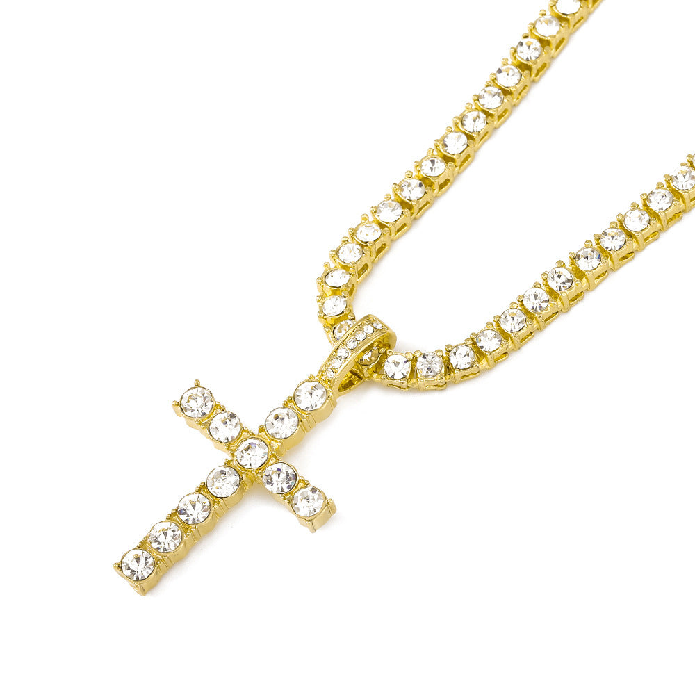 Popular Hip Hop Cross Necklace Pendant Full Diamond 4mm Tennis Chain Trendy Men's Personalized Jewelry